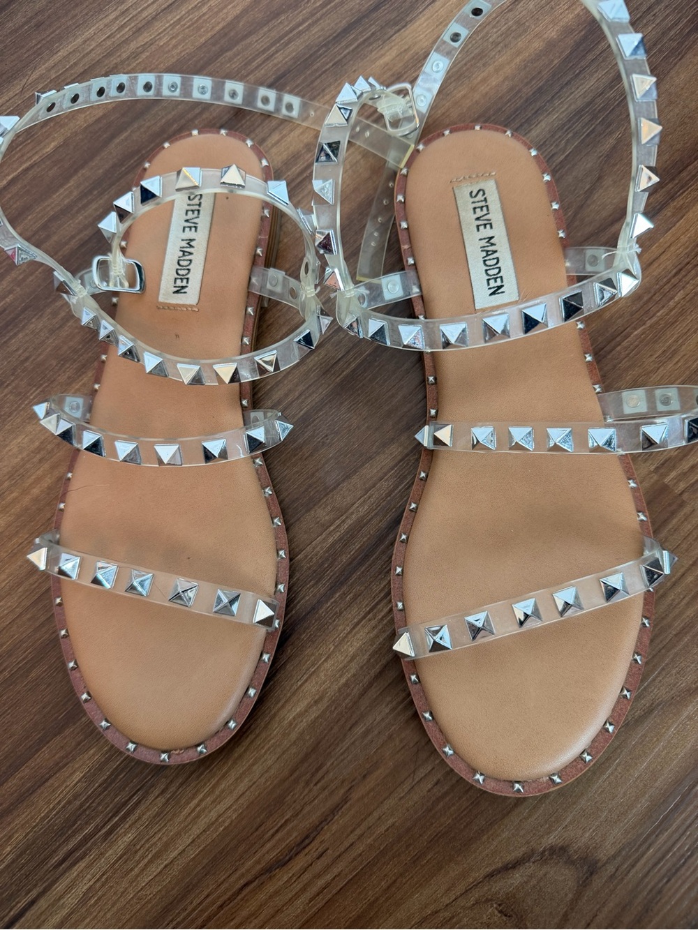 Steve Madden Clear Studded Strappy Sandal with Brown Sole - Picture 3 of 5